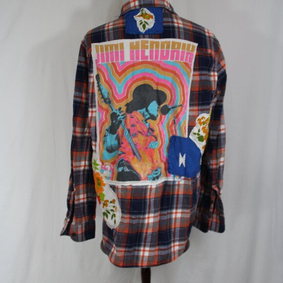 Upcycled Flannel Shirt Jimi Hendrix Grunge Rock Men's L Festival Shacket - Picture 1 of 8